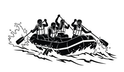 rafting team silhouette on water black and white illustration of rowers in inflatable boat with splashing waves high quality professional detailed modern elegant stylish © ARSM D