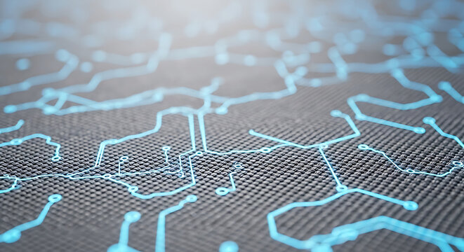 Abstract futuristic digital circuitry background with glowing blue neon lines and data points on a textured dark mesh surface for artificial intelligence and technology