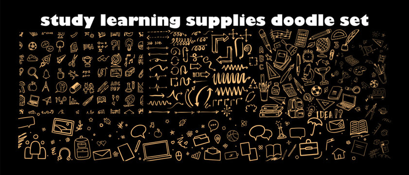 Study and learning supplies doodle set, hand drawn school tools, books, and education icons collection for academic design vector