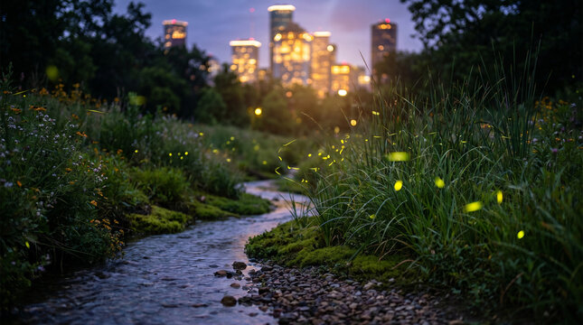 Twilight blue hour over a rewilded urban corridor where a former concrete drainage channel has been replaced by a winding native plant strea 3