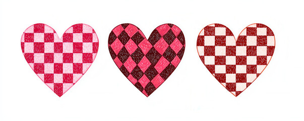 Obraz premium Different patterned hearts in pink and red colors on a plain background