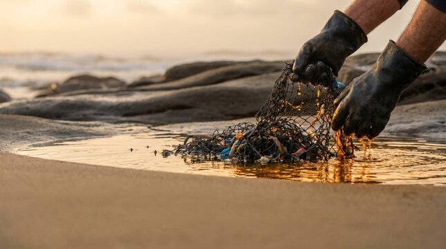 Weathered hands in worn rubber gloves pulling a tangled mass of fishing net and plastic debris from shallow tide pools at low tide, warm amb 3