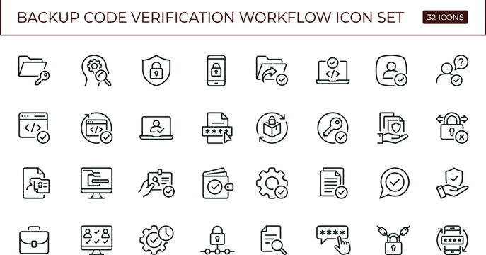 Backup code verification workflow icon set with authentication security system line vector icons for web apps dashboards UI