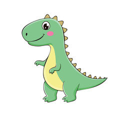 Fototapeta premium Friendly Green Cartoon Dinosaur with Big Eyes and Pink Cheeks Standing Happily