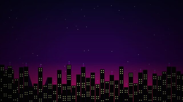 Pixel art city skyline at night with twinkling stars and sunset sky
