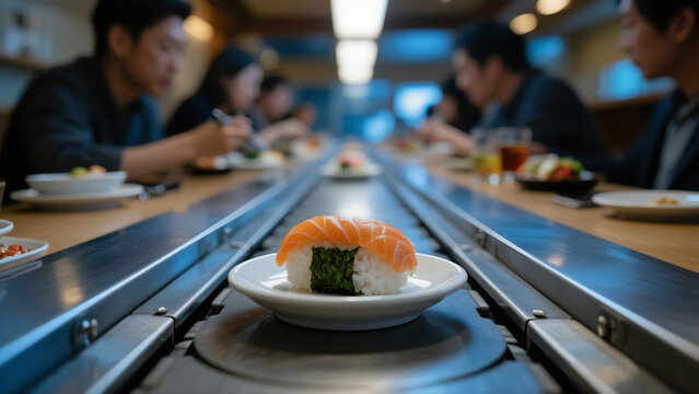 Salmon nigiri sushi on conveyor belt in sushi restaurant