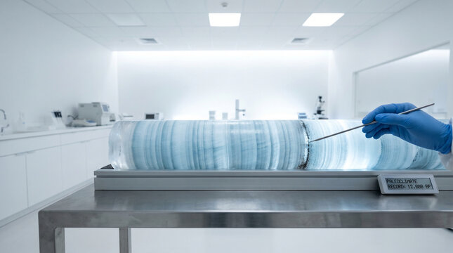Ice core sample laid horizontally on a metal examination table, the layered annual ice rings clearly visible in cross section, a gloved rese 3