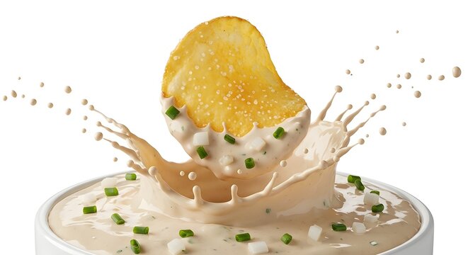 Potato chip dipping into creamy sour cream and chive sauce