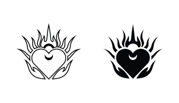 Sacred heart icon set with flames and crescent moon element in outline and solid black silhouette styles for spiritual and mystical graphic design work