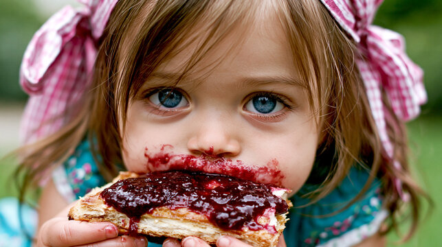 Adorable little girl with a messy face covered in jam enjoying a slice of berry tart or pie