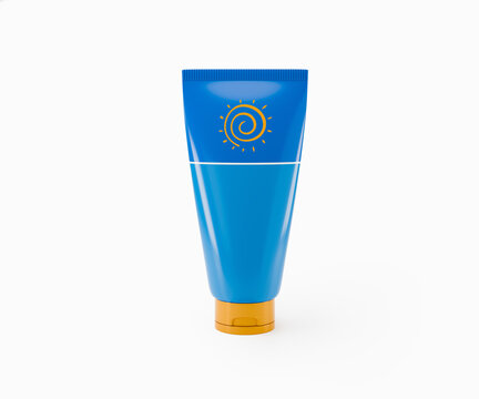 Blue sunscreen tube with sun icon minimal cosmetic packaging mockup isolated on white