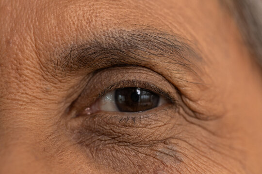 Close up macro portrait of an older senior man with dark brown eye showing deep wrinkles around eyelid expressing calm wisdom and quiet contemplation in detailed face shot with natural skin