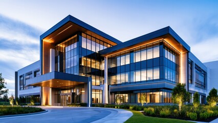 Fototapeta premium Contemporary business campus structure with stunning evening illumination and striking architectural detail.
