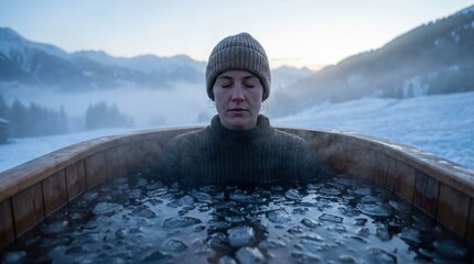 Obraz premium Woman in Cold Plunge Ice Bath Outdoors in Winter Mountain Landscape for Recovery and Longevity