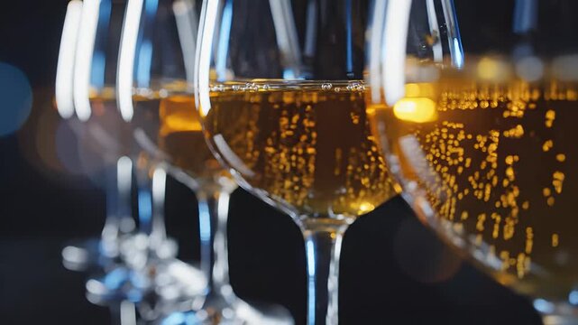 Bubbles rise in full glasses of golden drink with clarity in macro view. Setting includes dark background highlighting drink features. Concept of hospitality, events, fine dining