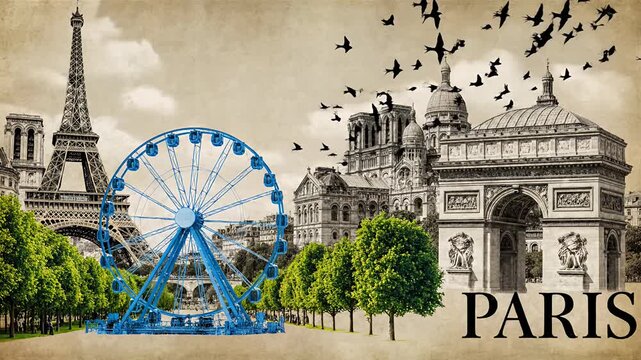 Vintage Paris collage with Eiffel Tower and blue Ferris wheel