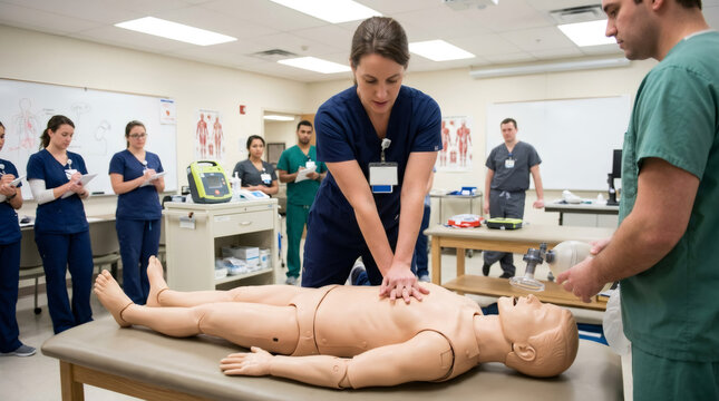 Woman student performing cpr on anatomy mannequin with team of medical trainees in classroom. Healthcare simulation training for emergency life support and resuscitation technique.