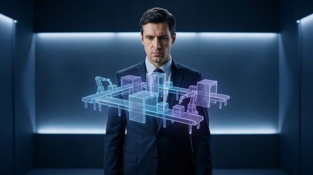 Businessman looking at a futuristic holographic factory assembly line with robotic arms and boxes