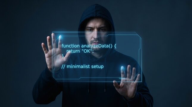 Man in hoodie touches glowing digital interface displaying computer code and text