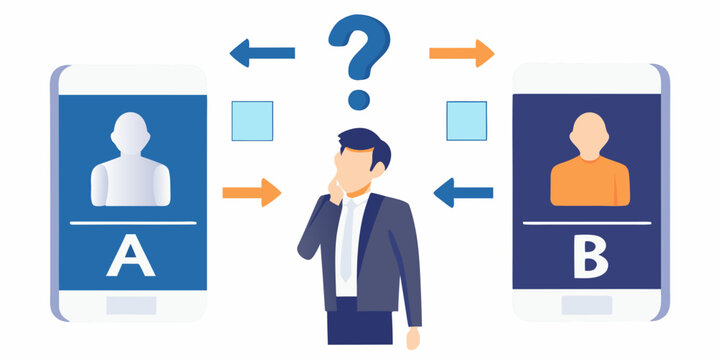 man considering options between two smartphones with profile icons