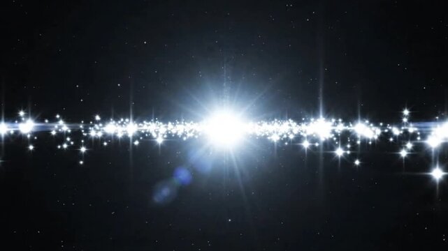 Bright light source and sparkling star particles radiating outwards against dark background, powerful energy burst and cosmic explosion concept.