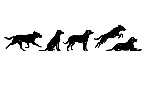 Black dog silhouettes set running sitting lying vector collection