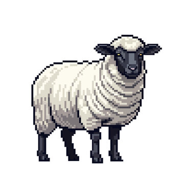 A sheep with a black face and legs stands on a plain surface looking forward with its ears outstretched