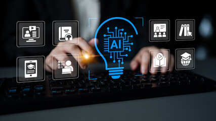 Close-up of hands typing on a keyboard surrounded by digital icons representing artificial...