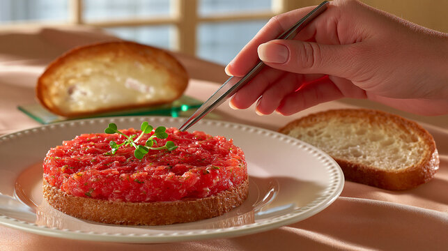 Hand garnishing steak tartare with fresh herbs on plate beef tartare raw beef toasted bread