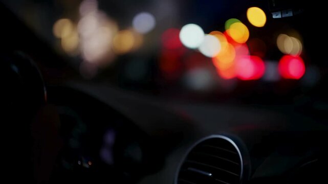 Night Driving POV Inside Car with Blurred City Lights Bokeh Background 4K