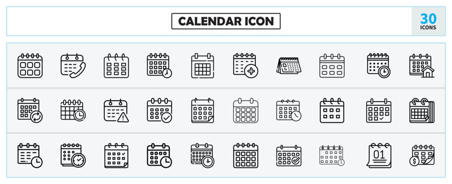 Calendar Line Icons Set &ndash; Date, Schedule, Event Planner Vector Pack.