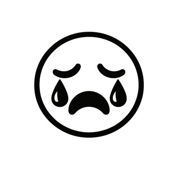 Crying face emoticon with tears of sadness and sorrow on white background