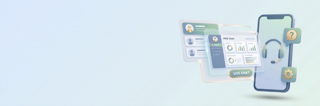 Customer Service Help Desk Dashboard with Data Charts, Live Chat Interface, and Headset Icon on Smartphone for Website Hero Banner