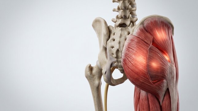 Human hip anatomy showing muscle pain and injury, medical concept