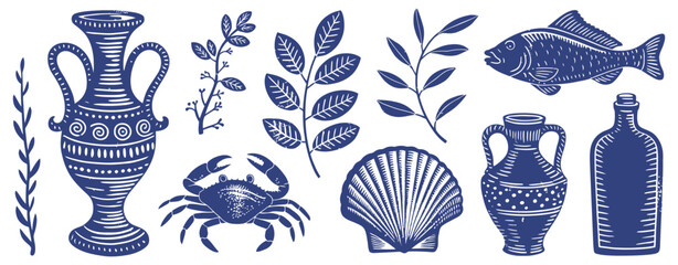 Blue Mediterranean Linocut Style Illustration Set with Fish, Crab, Seashell, Amphora, and Olive Branch, Hand Drawn Rustic Stamp Elements for Summer Travel, Seafood Menu, and Coastal Decor © LEECOO STUDIO