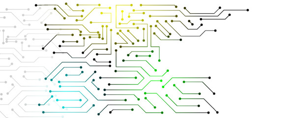 Obraz premium Abstract digital circuit board background with flowing lines and glowing nodes, representing data flow and connectivity in technology