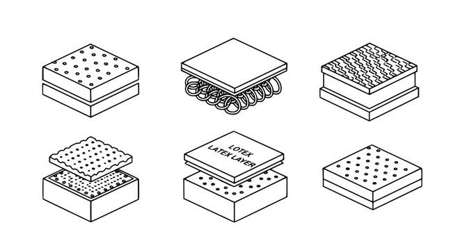 Mattress material layers and construction vector icon set featuring pocket springs latex foam and memory foam structures for bedding manufacturing and orthopedic comfort concepts.