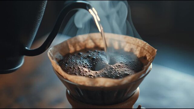 Artisanal pour over coffee brewing process with steam