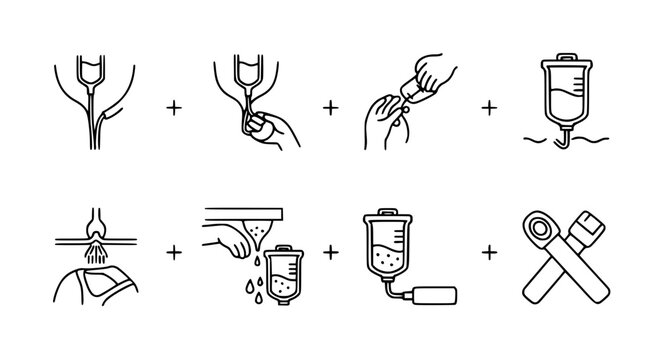 Medical intravenous IV drip procedure and infusion therapy vector icon set showing liquid medicine administration steps with saline bags and equipment for hospital healthcare services.