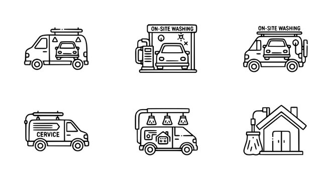 Mobile car wash and on site vehicle detailing service vector icon set featuring service vans portable equipment and home delivery cleaning for automotive maintenance business.