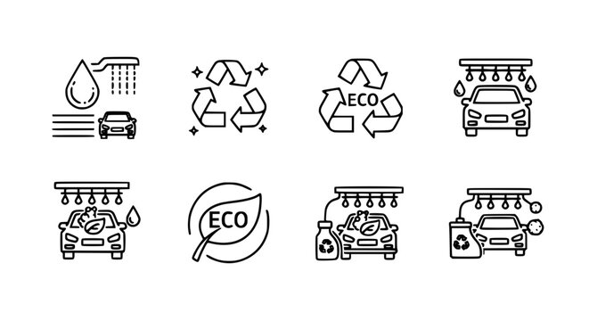 Complete car wash service and professional auto detailing vector icon set featuring automatic washing station foam bubbles and shiny clean vehicles for automotive business.
