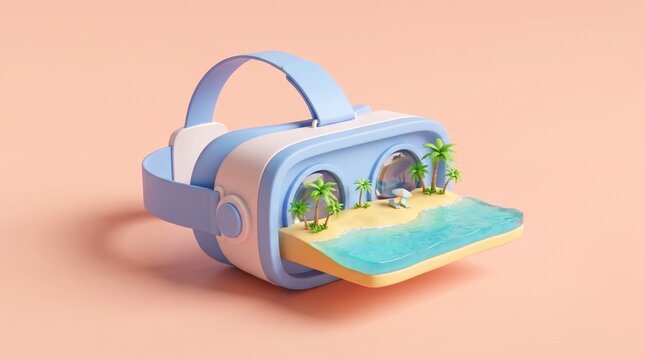 Virtual travel and summer vacation concept: 3D render of a VR headset with a miniature tropical beach and palm trees.