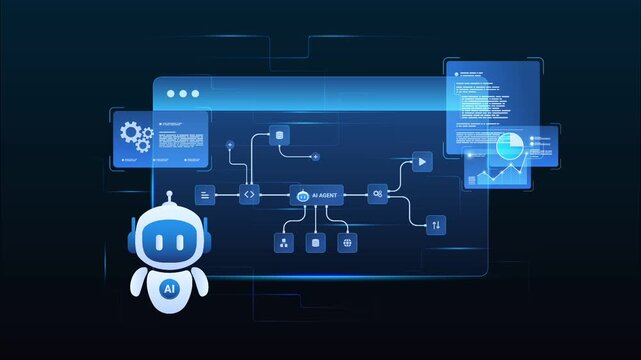Futuristic AI automation workflow network diagram dashboard system processing flow with data pipelines, data analytics, coding and automation system, looped animation