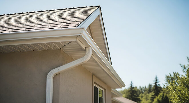 Professional installation of white aluminum gutters and downspout on a modern residential house roof with asphalt shingles for effective water drainage and protection