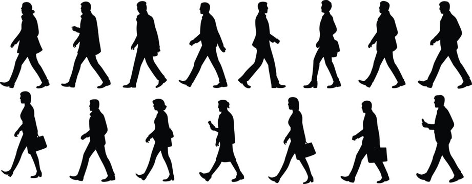 Business people walking silhouettes set professionals men and women with bags commuting side view isolated on white
