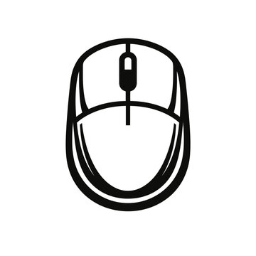 Black and white line art illustration of a computer mouse on a white background, simple design