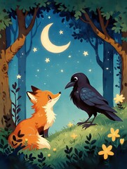 Naklejka premium Illustration of a red fox and a black crow in a forest at night. Vertical illustration of animal characters under a crescent moon. Fable and fairytale concept