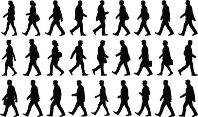 Fototapeta premium Diverse business people walking silhouettes collection men and women professionals commuting side view isolated on white background