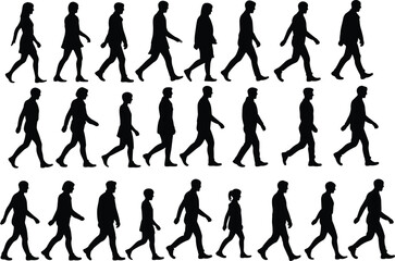 Fototapeta premium Human walking silhouettes collection showing step by step motion sequence, side view figures for animation reference and gait study