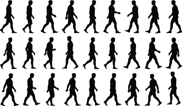 Male walking silhouettes collection showing continuous step by step motion sequence, side view human figures for animation reference and gait analysis